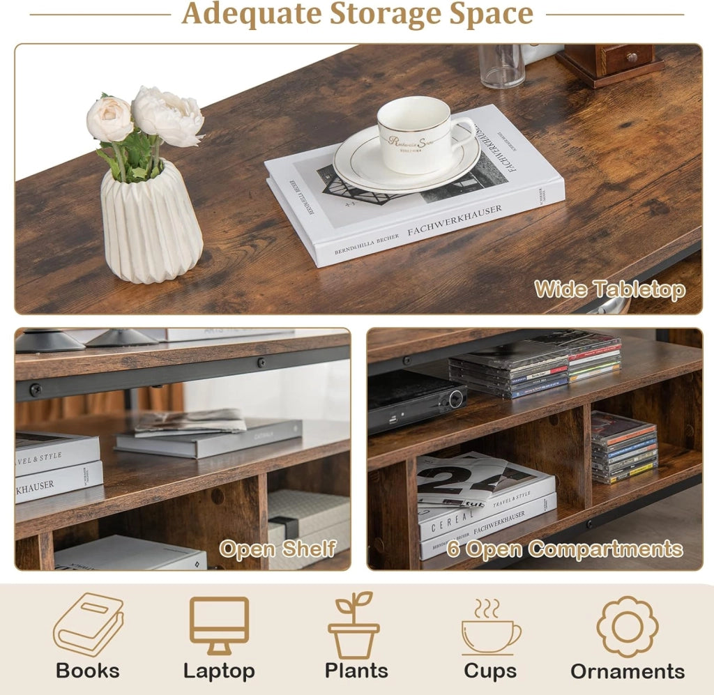 Tavolino da Salotto a 3 Livelli, Tavolo da Caffè in Legno con 1 Ripiano Aperto e 6 Scomparti, Struttura in Metallo, Supporto TV Industriale per Soggiorno, 105 x 60 x 45 cm, Marrone Rustico