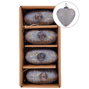 Set di 4 palline di Natale fatte a mano in vetro grigio a forma di cuore appese all'albero di Natale.