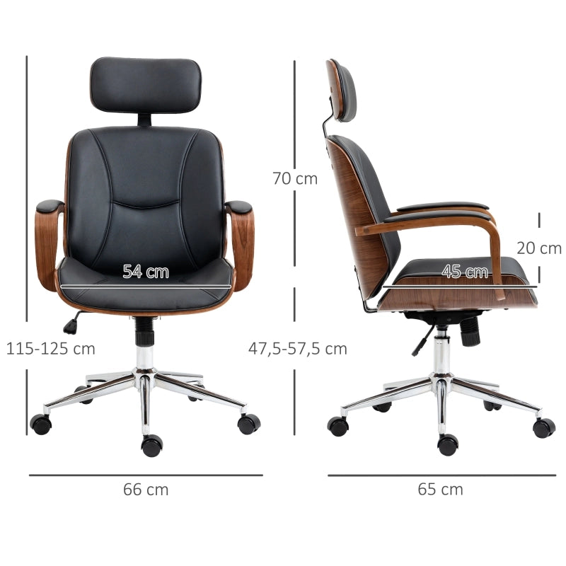 Sedia da ufficio ergonomica con schienale alto e poggiatesta removibile in similpelle nera 66 × 65 × 115-125 cm