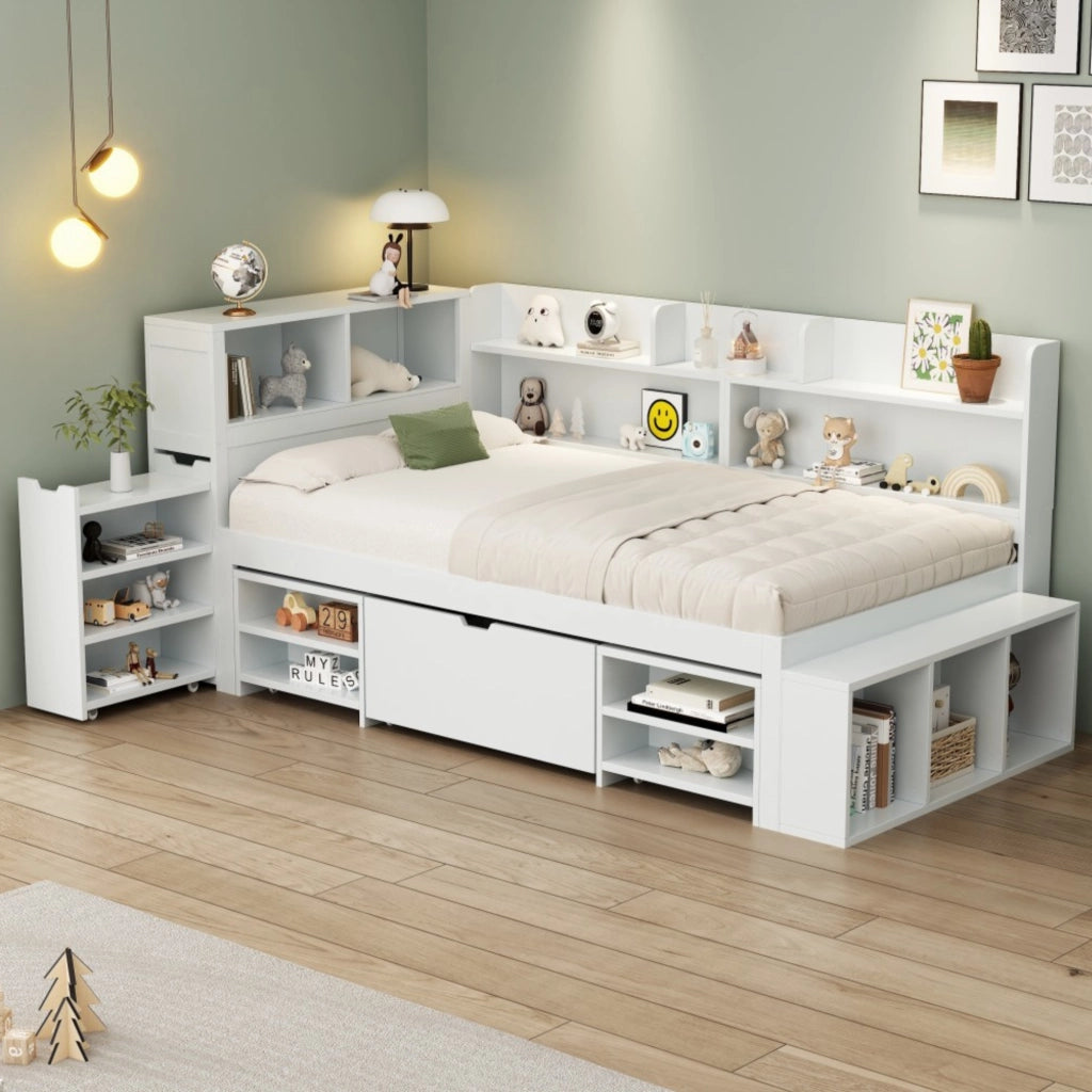 OKWISH Letto Bambino 90×190 cm, Letto Singolo con Contenitore, Cassetti e Mensole, senza Materasso, in Compensato, Bianco