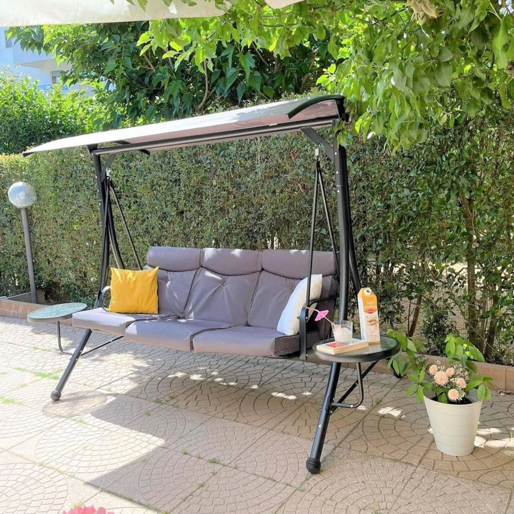 Dondolo da Giardino 3 Posti in Metallo con 2 Tavolini Grigio