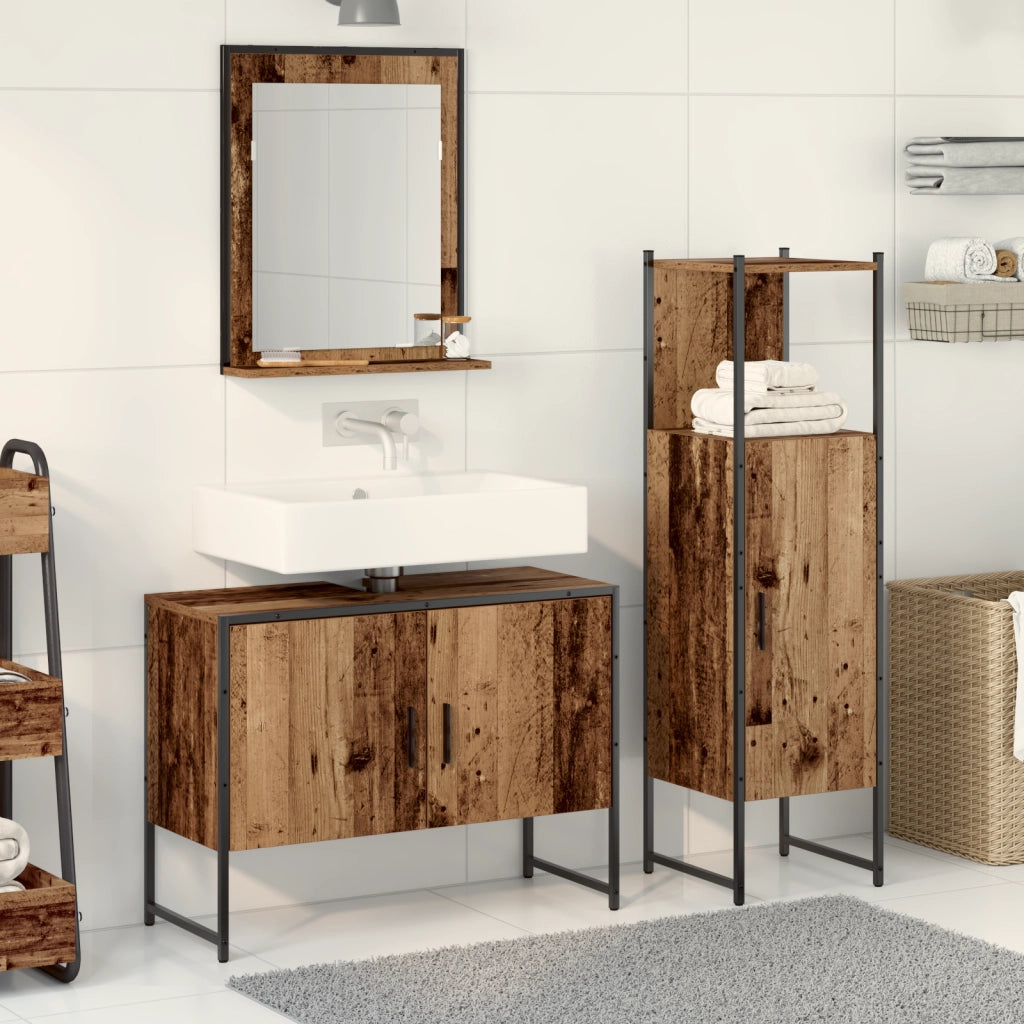 Set di mobili per bagno 3 pezzi in legno vecchio in legno ingegnerizzato