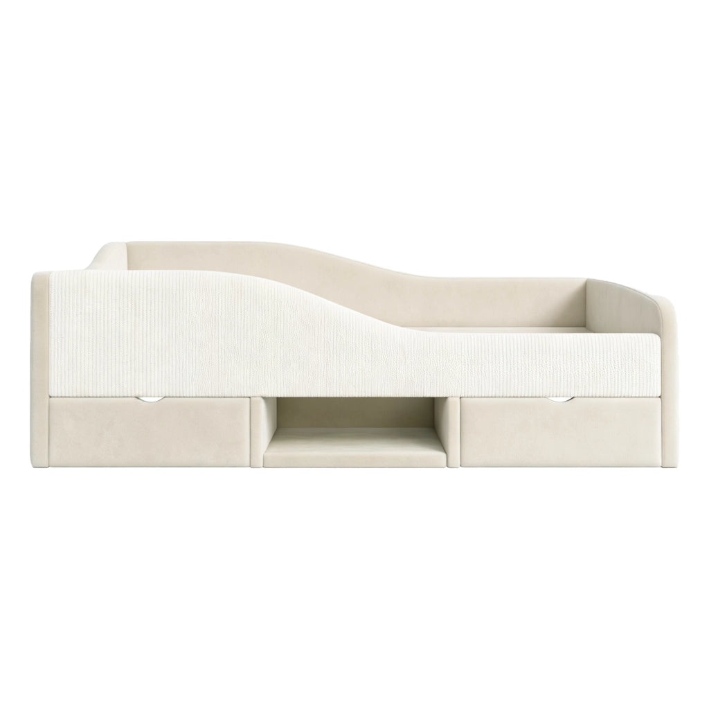 Letto per bambini 90x190 cm imbottito in velluto beige con sponde di sicurezza