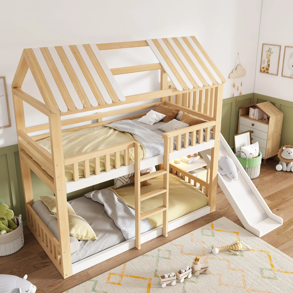 LETTO A CASTELLO 90x200 cm con tetto a capanna, bianco e naturale, con scaffale