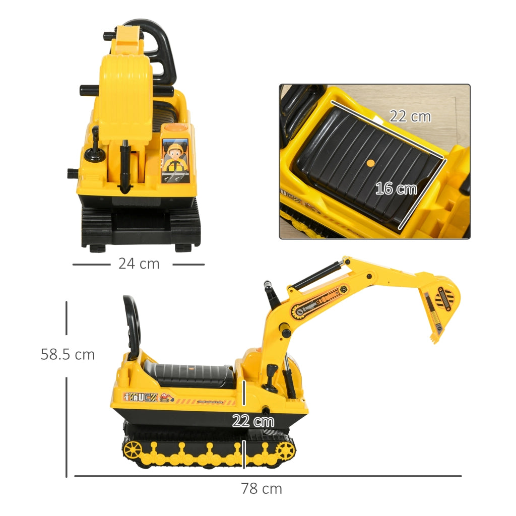 Escavatore Ruspa Giocattolo Cavalcabile per Bambini max. 30 kg con Schienale, Braccio Mobile e Vano Contenitore, 78x24x58.5cm