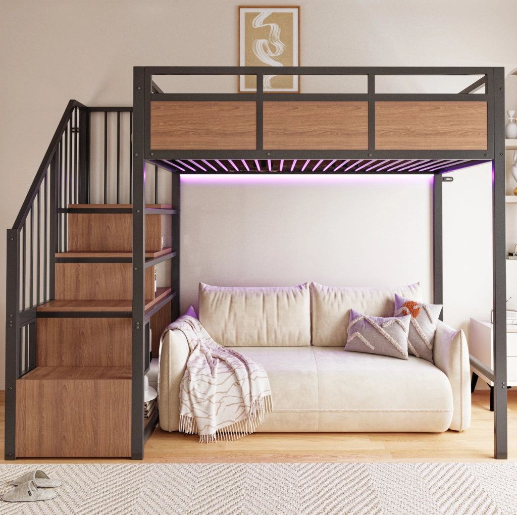 Letto a soppalco in metallo 90x200 cm con scala contenitore; LED e sponde di sicurezza; nero