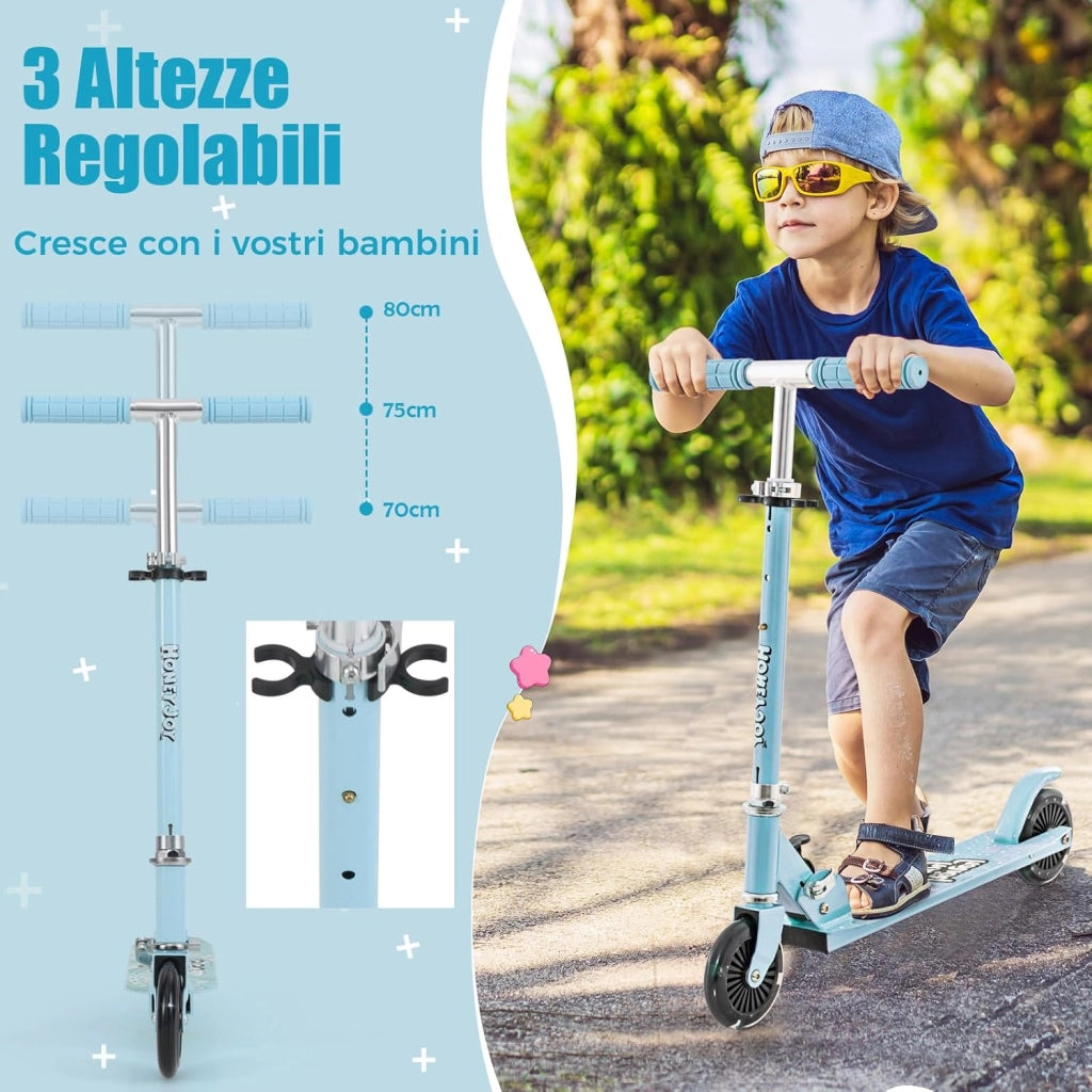 Monopattino Bambini, Monopattino Bambino e Bambina +3 Anni Pieghevole con 2 Ruote Lampeggianti, Manubrio Regolabile e Freno (Azzurro)