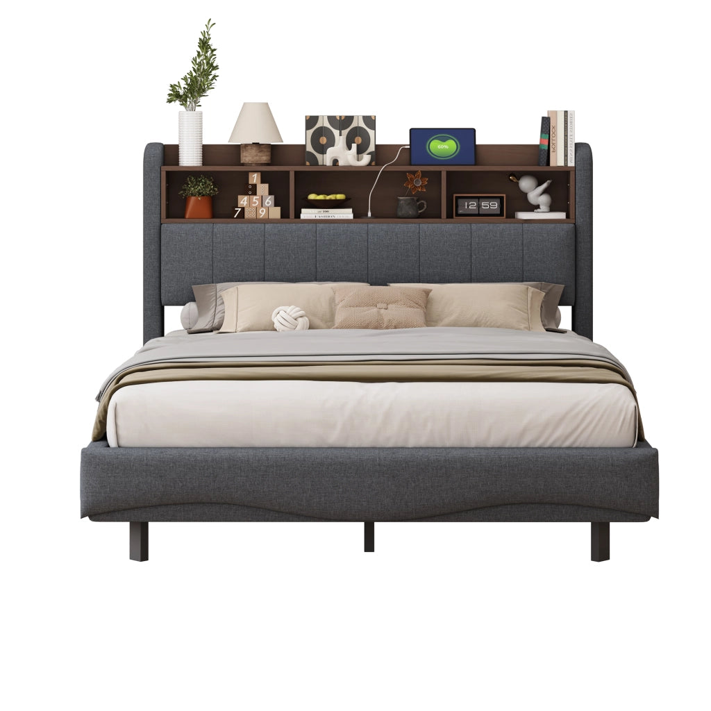 Letto imbottito sospeso 140x200 cm grigio con LED, porte USB e Tipo-C, struttura in metallo e contenitore testiera