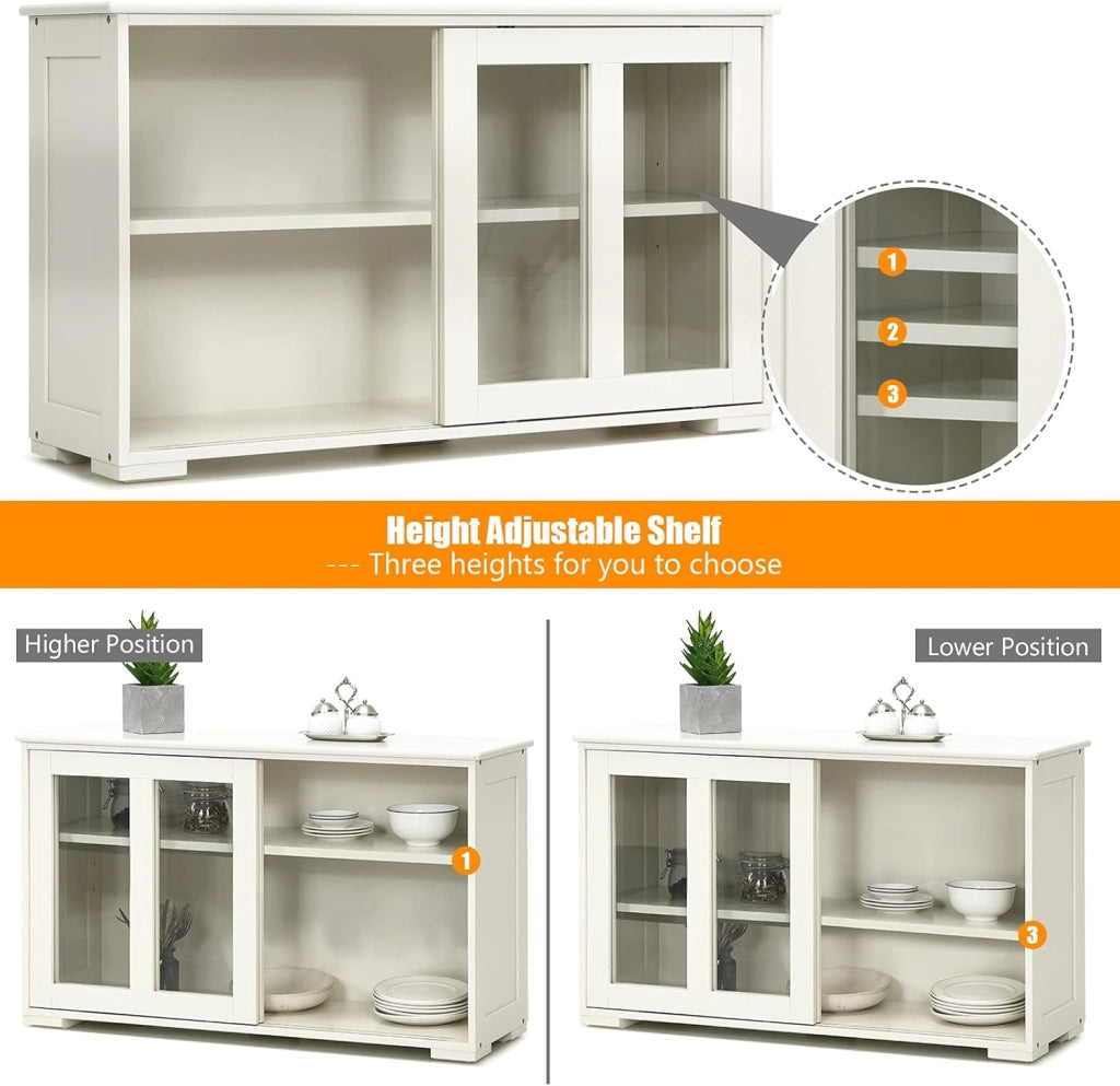 Credenza e Buffet Multiuso, a 3 Ripiani, Mensola Regolabile, 2 Ante Scorrevoli Trasparenti, Mobiletto Legno per Cucina, Soggiorno, Sala da Pranzo, 106,5x33x62,5 cm,Bianco Crema(Beige)