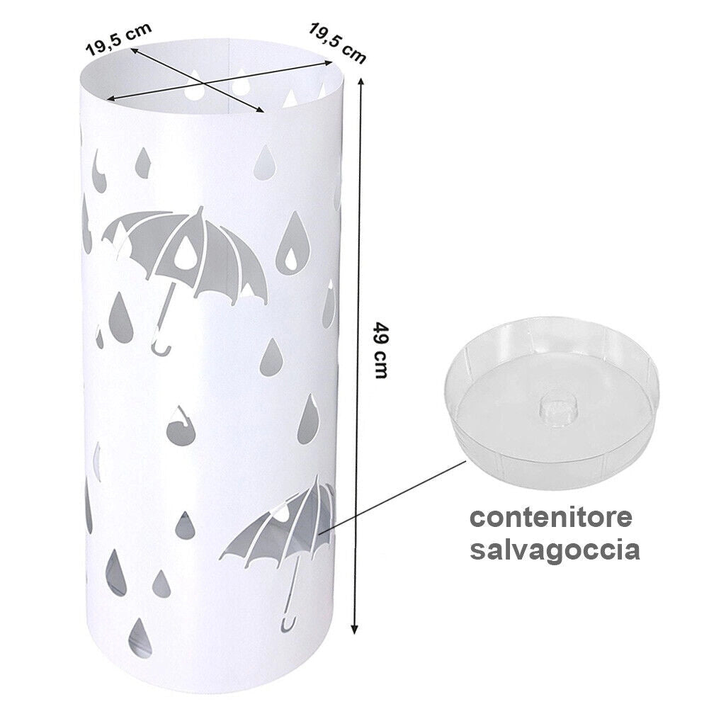 Portaombrelli in Metallo Design Rotondo Stand Bianco Vaschetta Salvagoccia