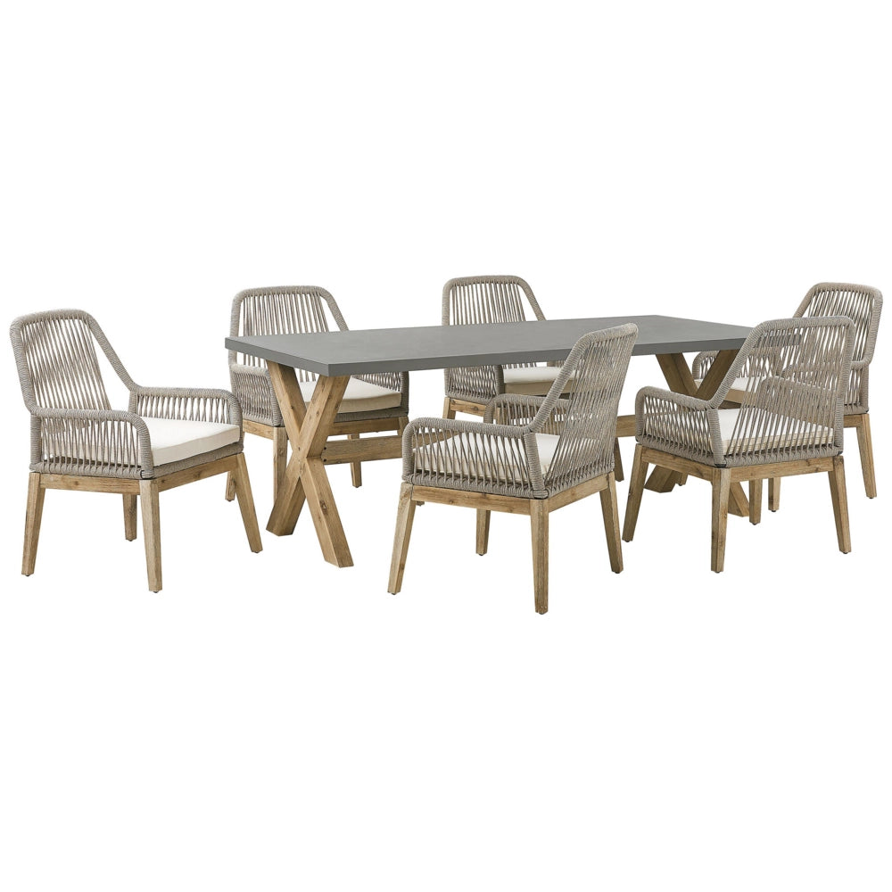 Set da pranzo da giardino Tavolo in cemento grigio e beige 6 sedie in propilene di vimini beige dal design moderno