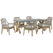 Set da pranzo da giardino Tavolo in cemento grigio e beige 6 sedie in propilene di vimini beige dal design moderno