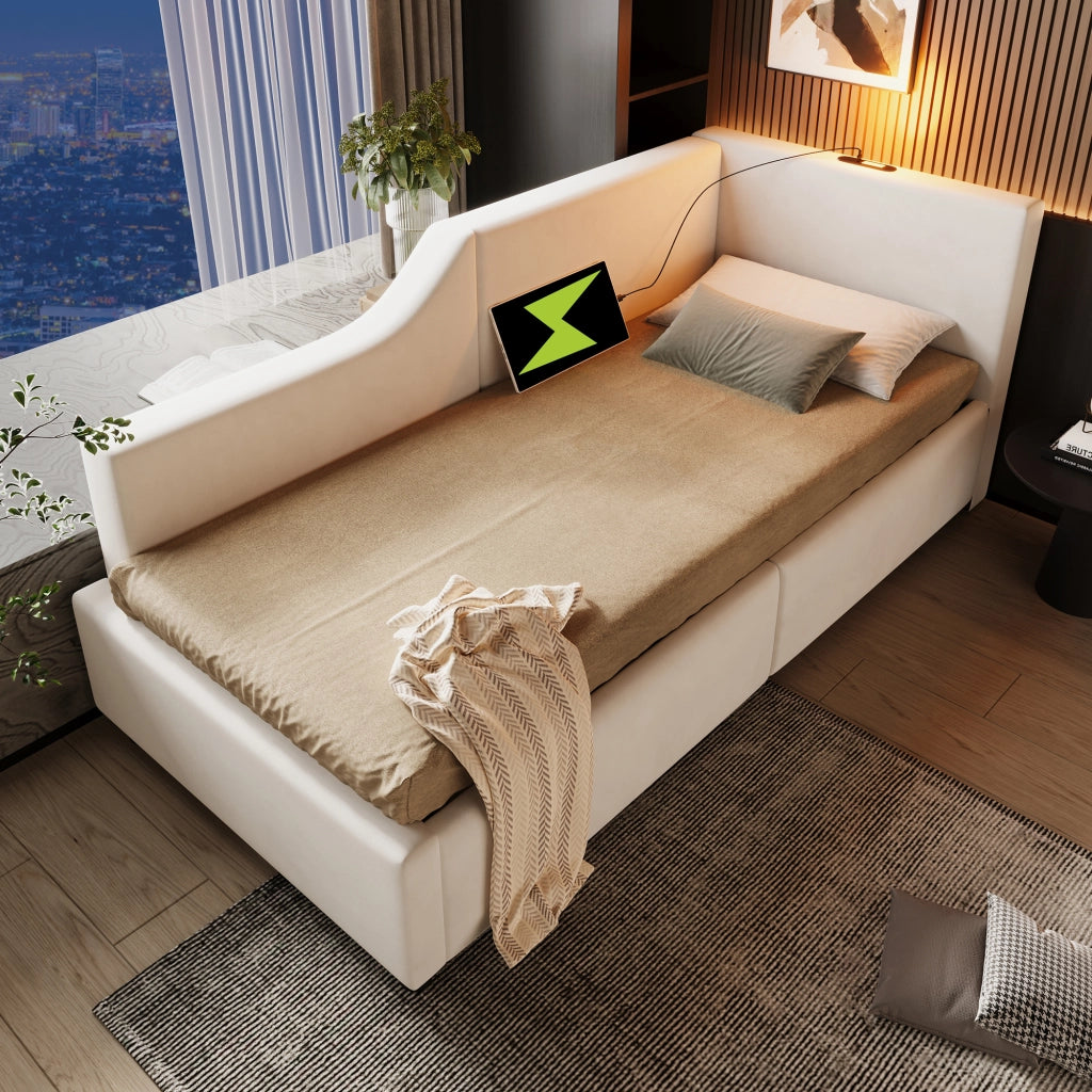 LETTO Daybed 90x200 cm in velluto beige con stoccaggio idraulico, lampada e USB-C