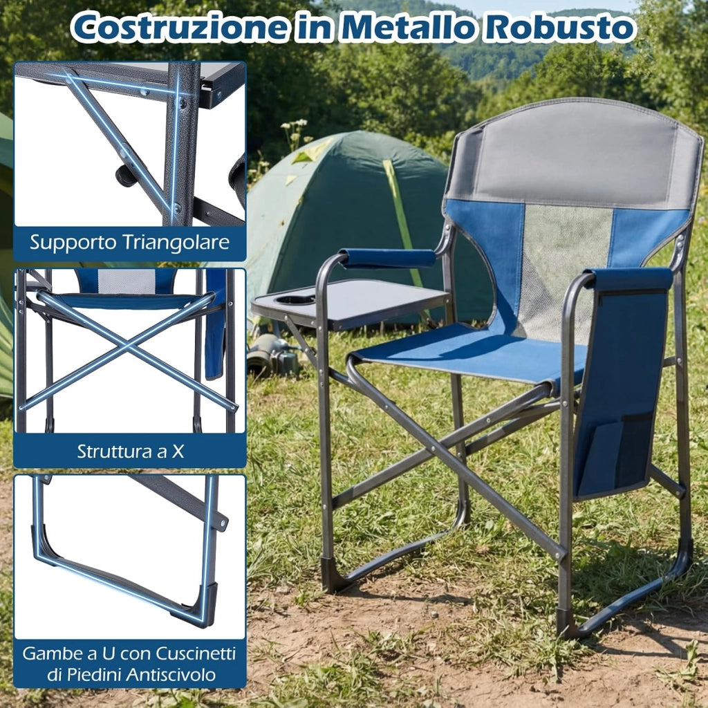 Sedia da Campeggio Pieghevole, Sedia da Regista con Tavolino Laterale, Portabicchieri e Tasca Portaoggetti, Portata 180 kg, Poltrona da Esterno per Spiaggia, Pesca e Picnic (Blu)