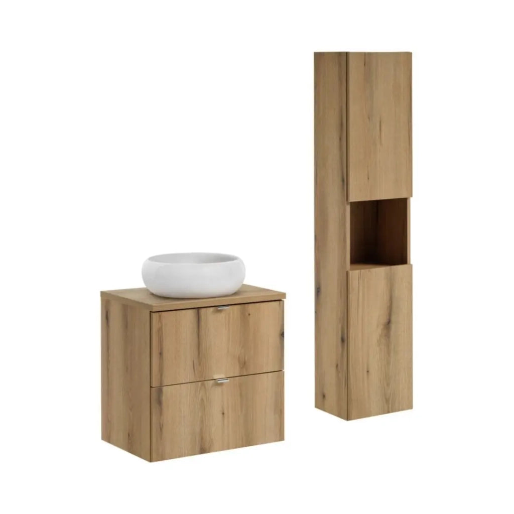 Ensemble VANO in finitura rovere 90cm: mobile sottolavabo con cassetti + piano per lavabo + lavabo da appoggio rotondo bianco + colonna