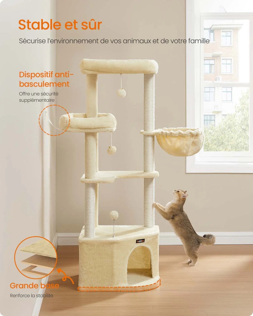 Tiragraffi 485 x 485 x 1407 cm Torre gioco per gatti con grotta per gatti grandi piattaforme palline di peluche amaca beige 12_0008012