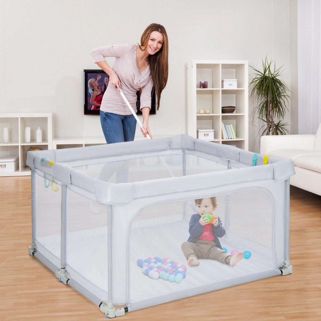 Box per bambini pieghevole con pareti in rete traspirante, Recinto portatile con ventose antiscivolo Grigio chiaro-Cancelletti di sicurezza