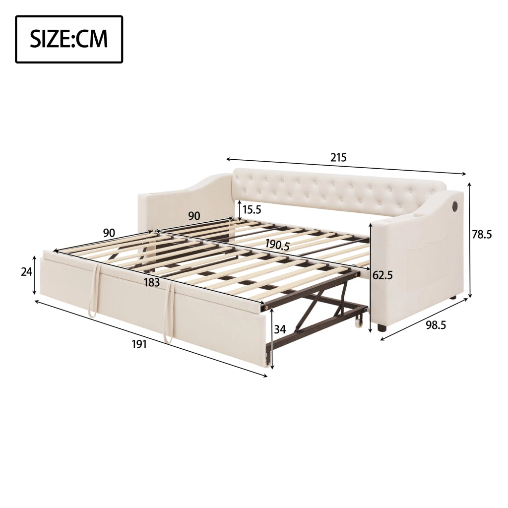 DESMIU Litto semplice 90 × 190 cm 1 posto con USB, Type-C e vani portaoggetti, senza materasso, in velluto, beige