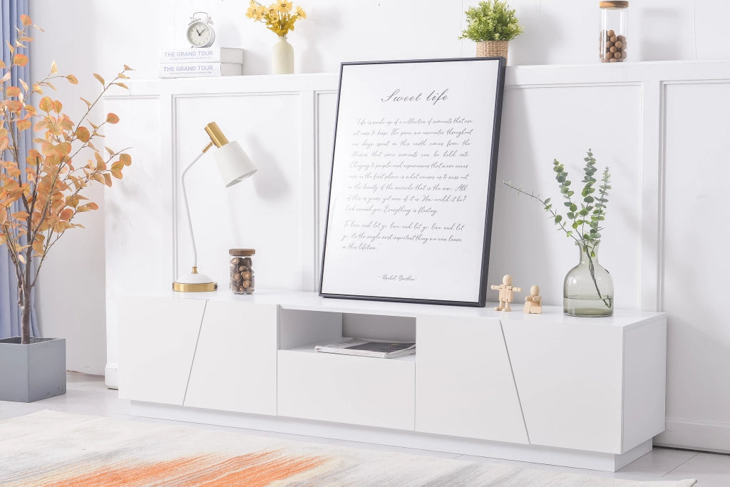 Mobile TV con 4 Ante e 2 Vani a Giorno; Senza Maniglie; Stile Moderno; in MDF; 170¡Á37¡Á42 cm; Bianco