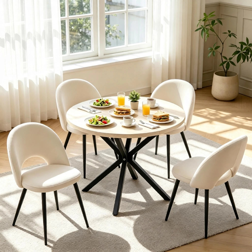 Tavolo da pranzo rotondo 100 cm con piano effetto pietra e gambe in metallo, stabile e versatile