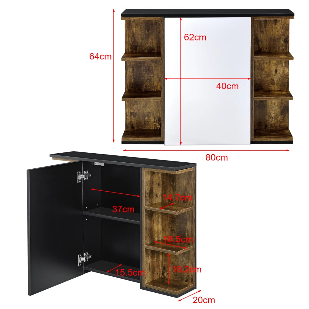 Armadietto da Muro Harstad per Bagno con Specchio Anta e Ripiani Laterali 64x80x20 cm - Effetto Legno Scuro/Nero [en.casa]