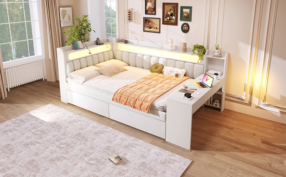 Letto a piattaforma imbottito 140 × 200 cm bianco con scrivania USB LED a 7 colori e 2 cassetti