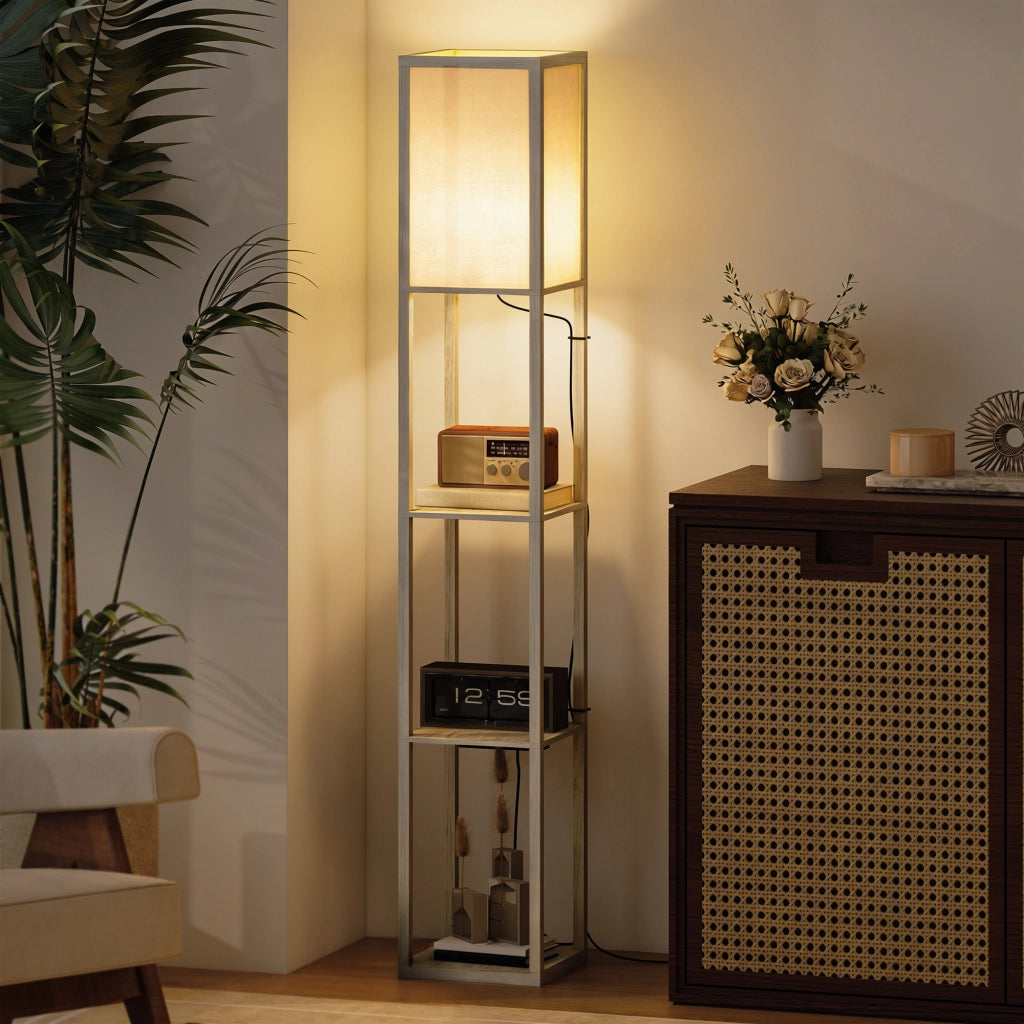 Lampada da Terra con Ripiani, Luce Regolabile, Interruttore a Pedale e Porte USB, Bianco e Rovere