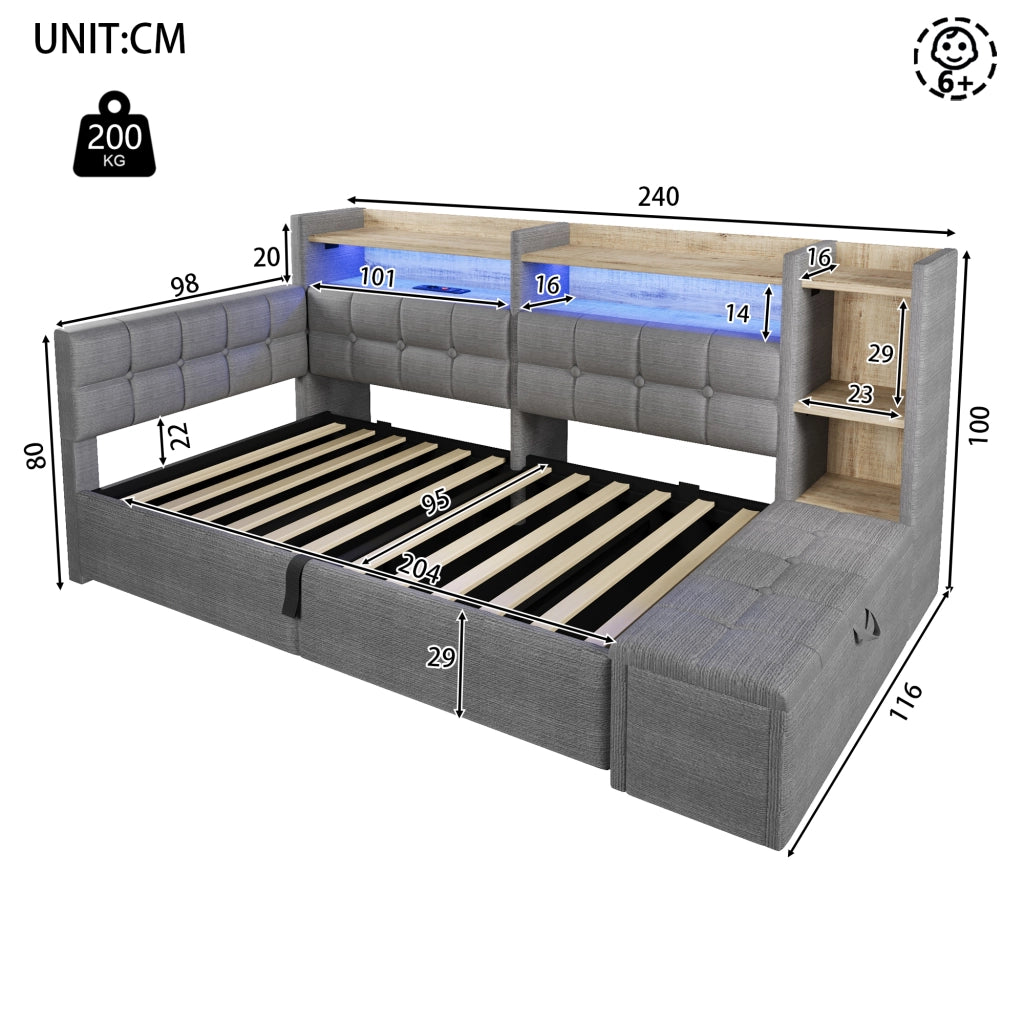 Daybed in velluto 90x200 cm con accumulo idraulico LED e USB-C - Grigio scuro