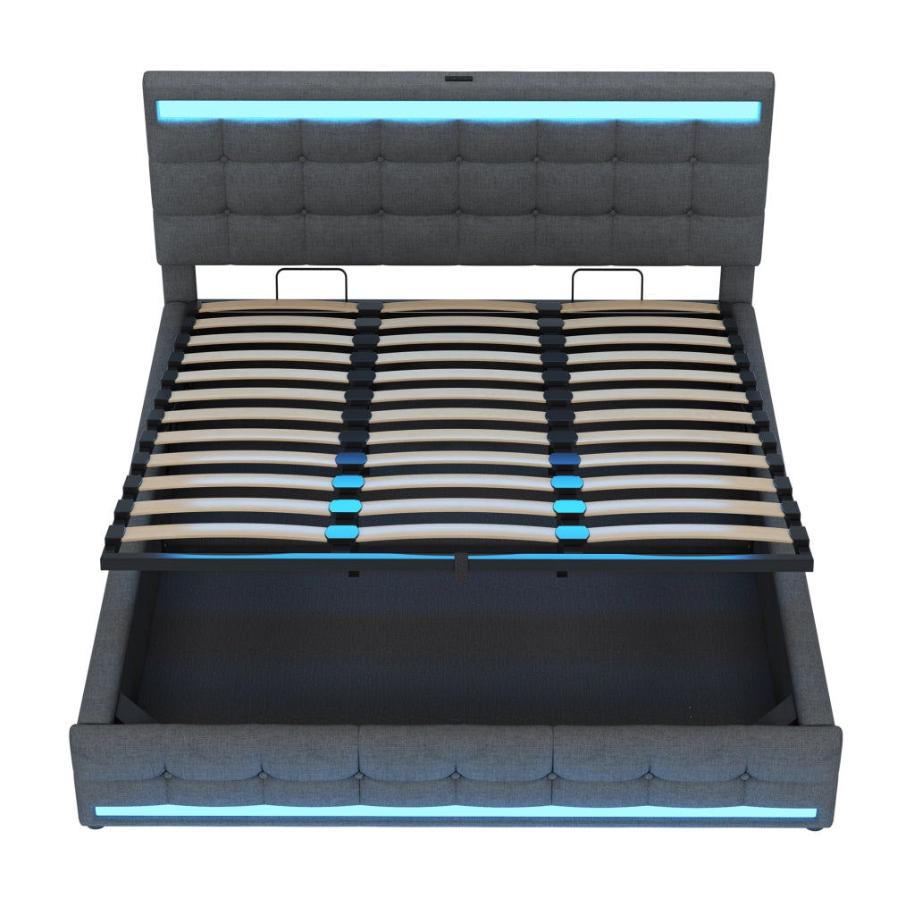 Letto matrimoniale imbottito 180x200 cm con LED RGB; USB e testiera regolabile; grigio