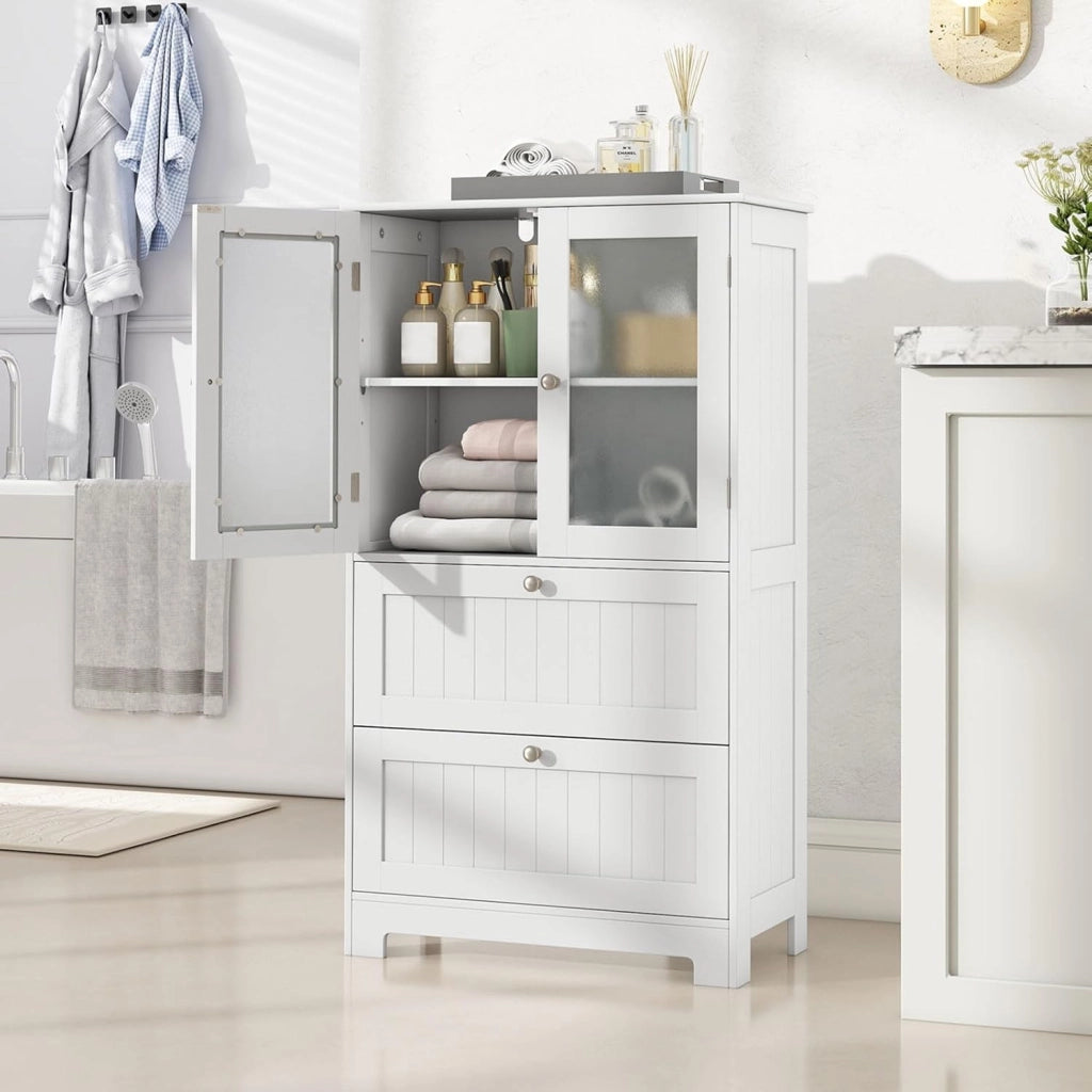 Armadietto da bagno con ante in vetro e ripiano regolabile, per bagno, cucina e soggiorno, 60 x 30 x 108 cm (2 cassetti + 1 armadio, bianco)
