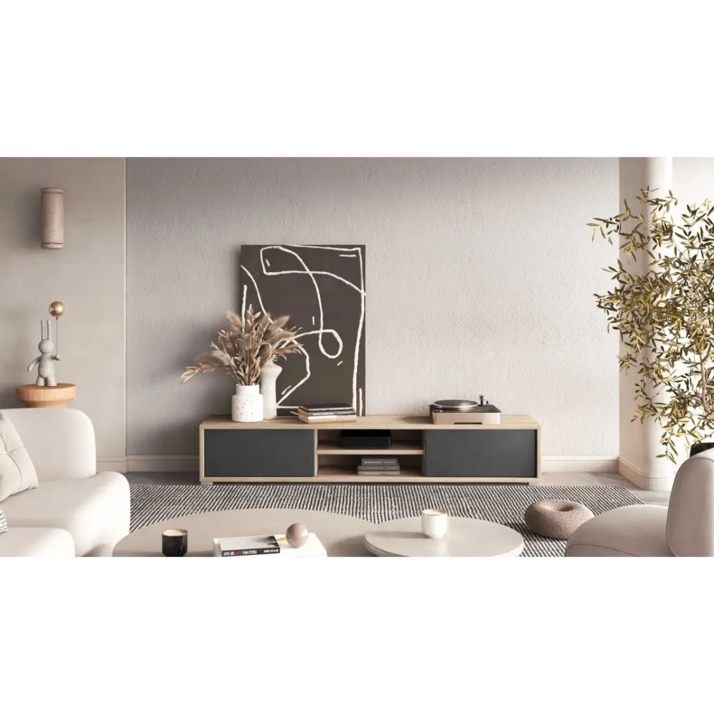 Mobile TV 180cm, 2 porte e 2 nicchie collezione MAANUM. Colore quercia chiara e grigio.