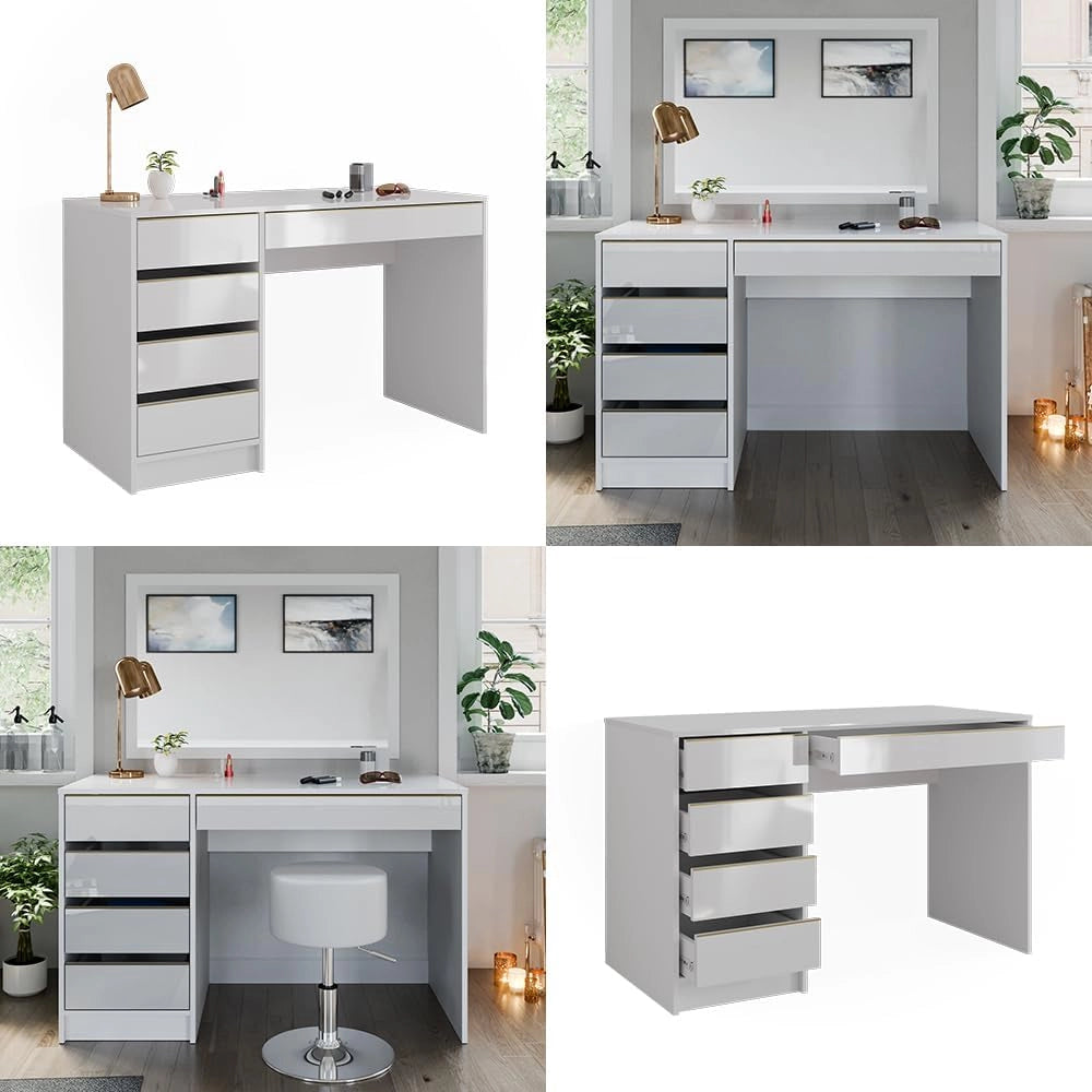 Tavolo da toeletta Sherry, Bianco/Oro, 120 cm Senza specchio, 5 cassetti per diverse esigenze di conservazione