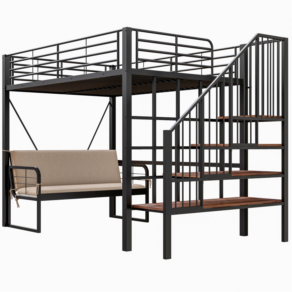 Letto a castello 140 x 200 cm in metallo con divano imbottito e scala contenitore