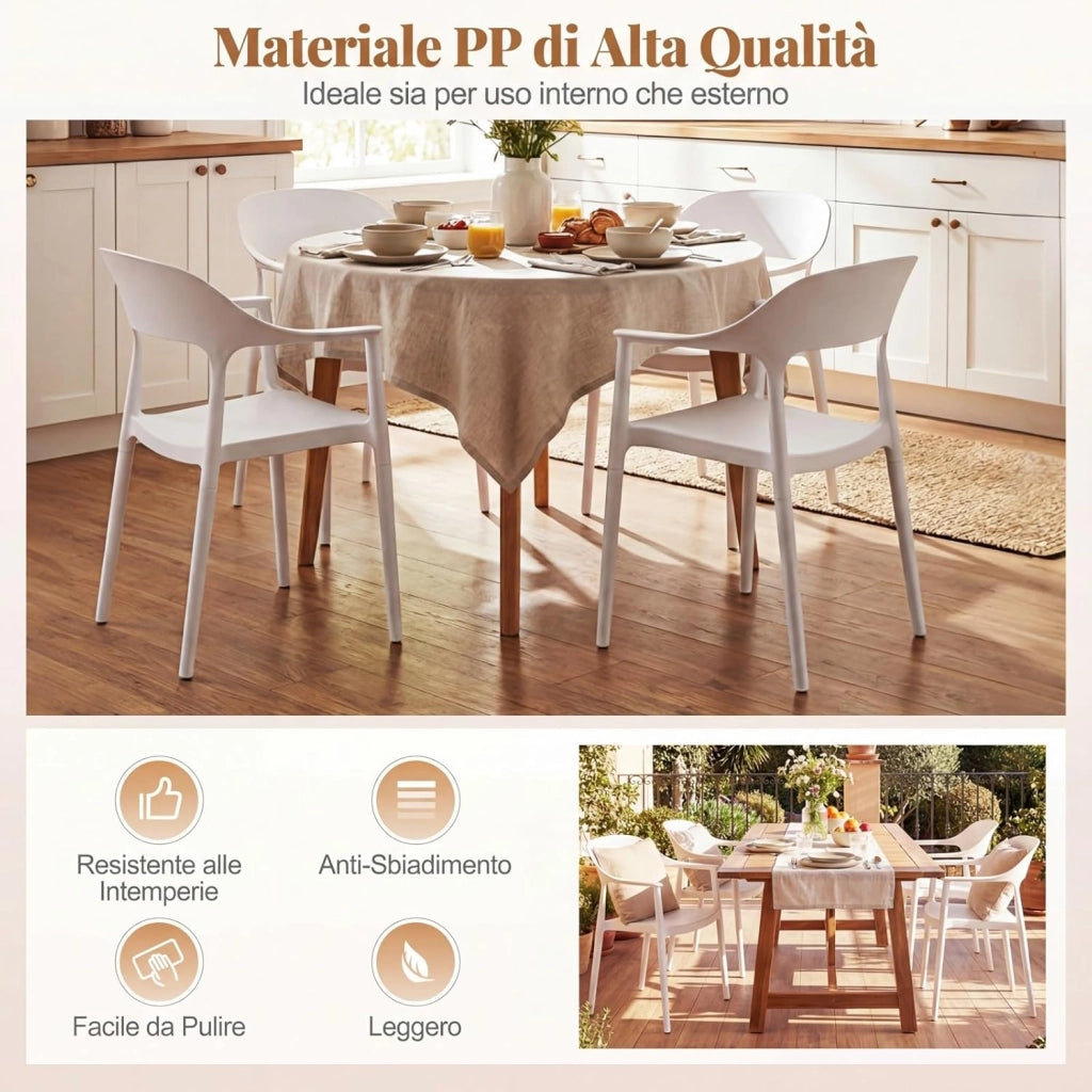 Sedia da Pranzo in Plastica, Sedia da Cucina Ergonomica con Schienale Cavo e Braccioli Comodi, Portata 150 kg, Poltrona da Tavolo Impilabile per Soggiorno, Ufficio e Sala da Pranzo (Bianco,4)