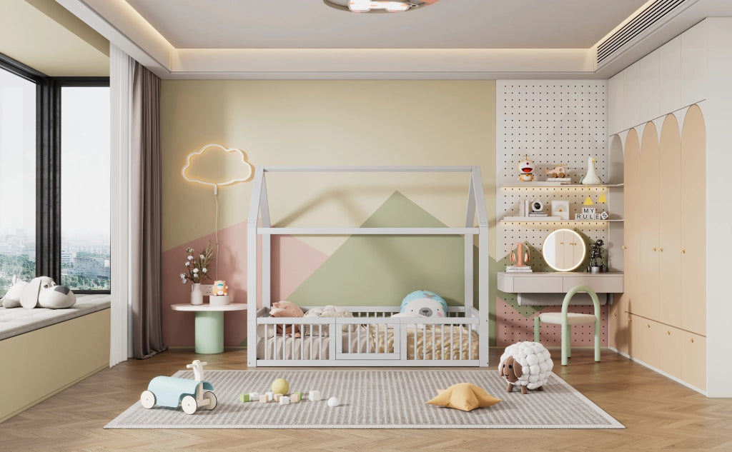 DESMIU Letto casetta per bambini 1 posto con barriere e sportello, 90 × 200 cm, senza materasso, in pino e MDF, bianco