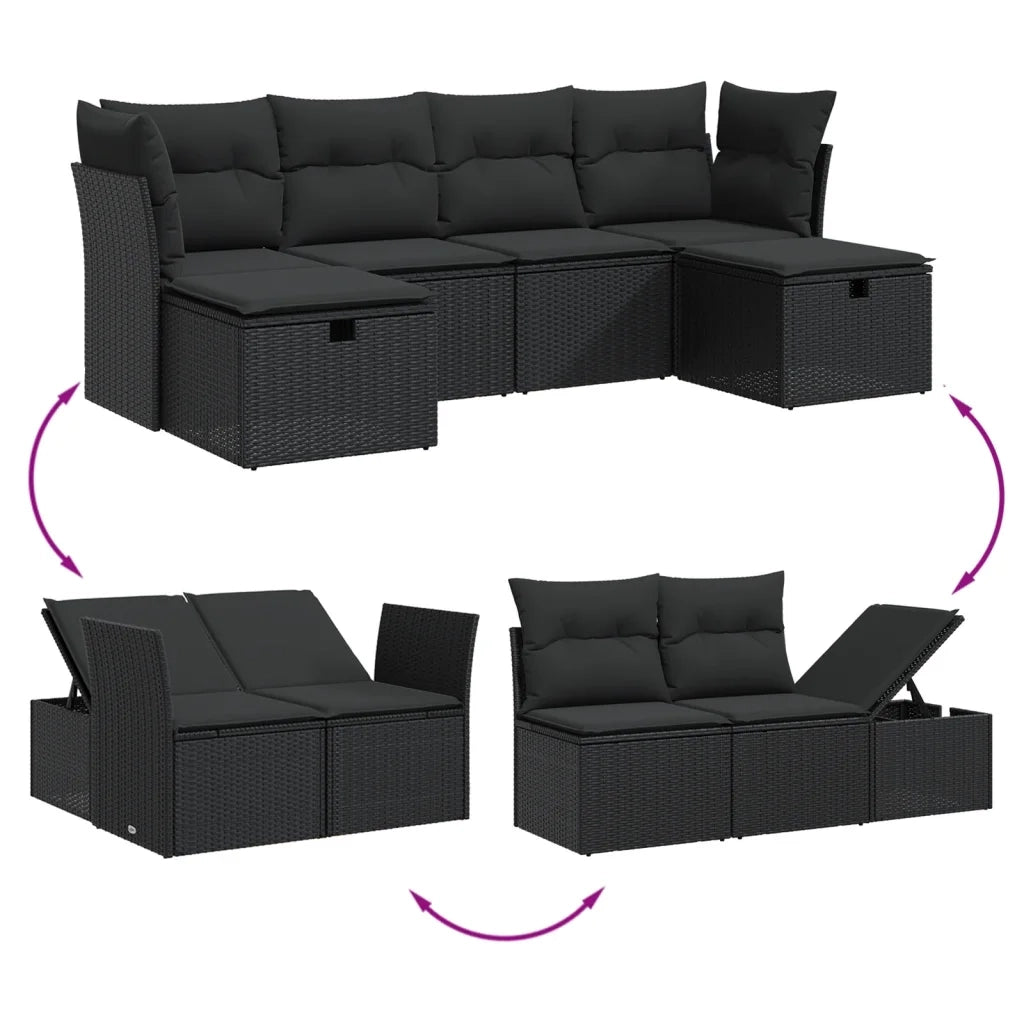 Set Divano da Giardino 6 pz con Cuscini Nero in Polyrattan