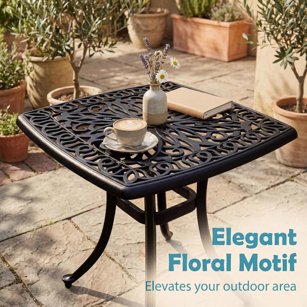 Tavolo da giardino con foro per ombrellone e motivo floreale decorativo, in alluminio pressofuso resistente alle intemperie, per gazebo, balcone e cortile, 54 x 54 x 53 cm