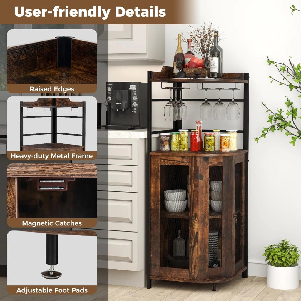 Armadietto Angolare Industriale Da Bar Con Supporto In Vetro, Armadietto Da Vino Con Ripiano Regolabile, Portabottiglie Vino Da Cucina Con Protezione, 130x47,5x47,5 cm (Marrone)