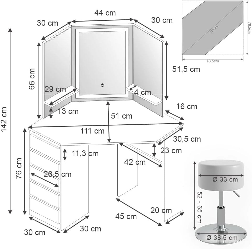 Vicco Tavolo da trucco ad angolo Arielle, Bianco, 110 cm con specchio e sgabello a LED, Fa risparmiare spazio e sfrutta in modo ottimale gli angoli della stanza