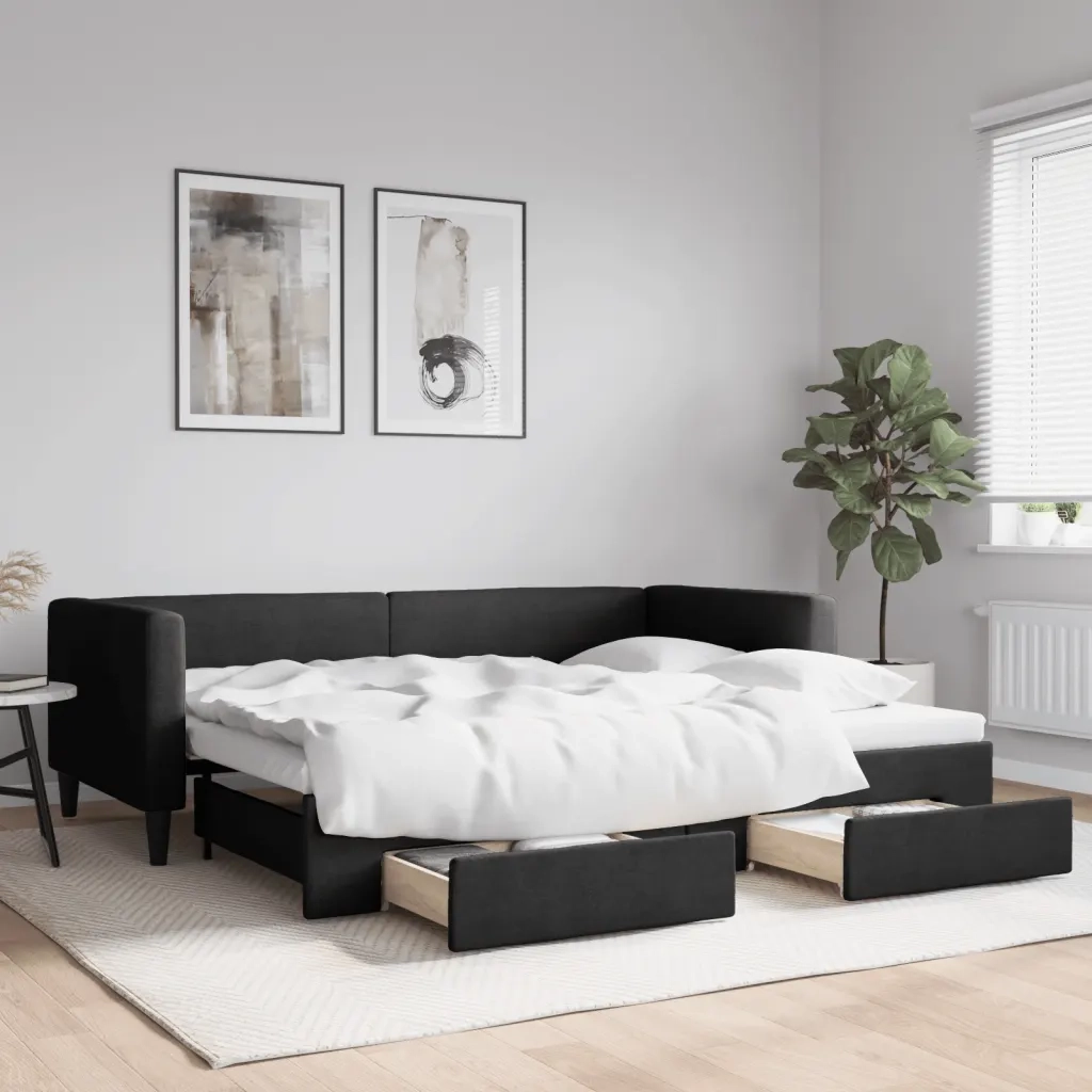 Divano Letto Estraibile con Cassetti-Sofa Letto-Daybed Nero 90x200 cm in Tessuto 953359