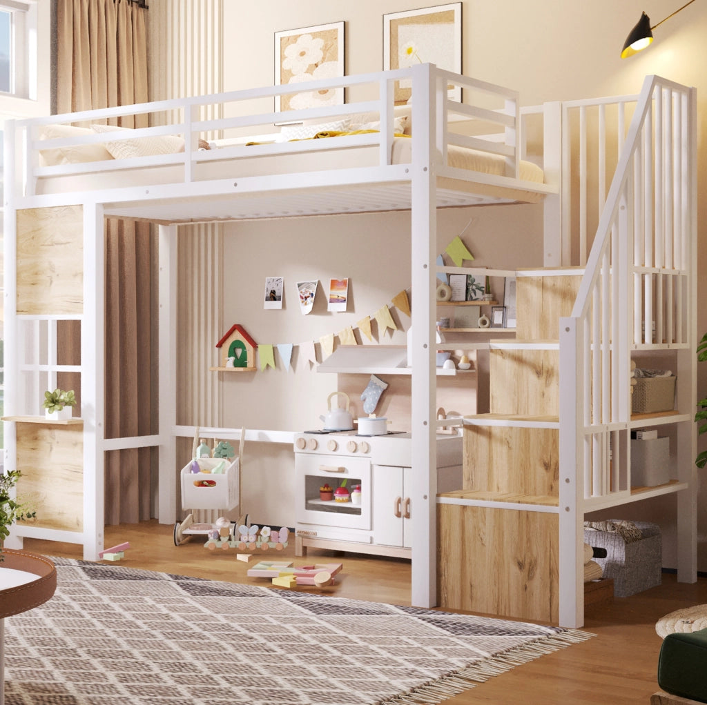 Letto a soppalco 90x200 cm in MDF e metallo; bianco; con scala contenitore e area gioco