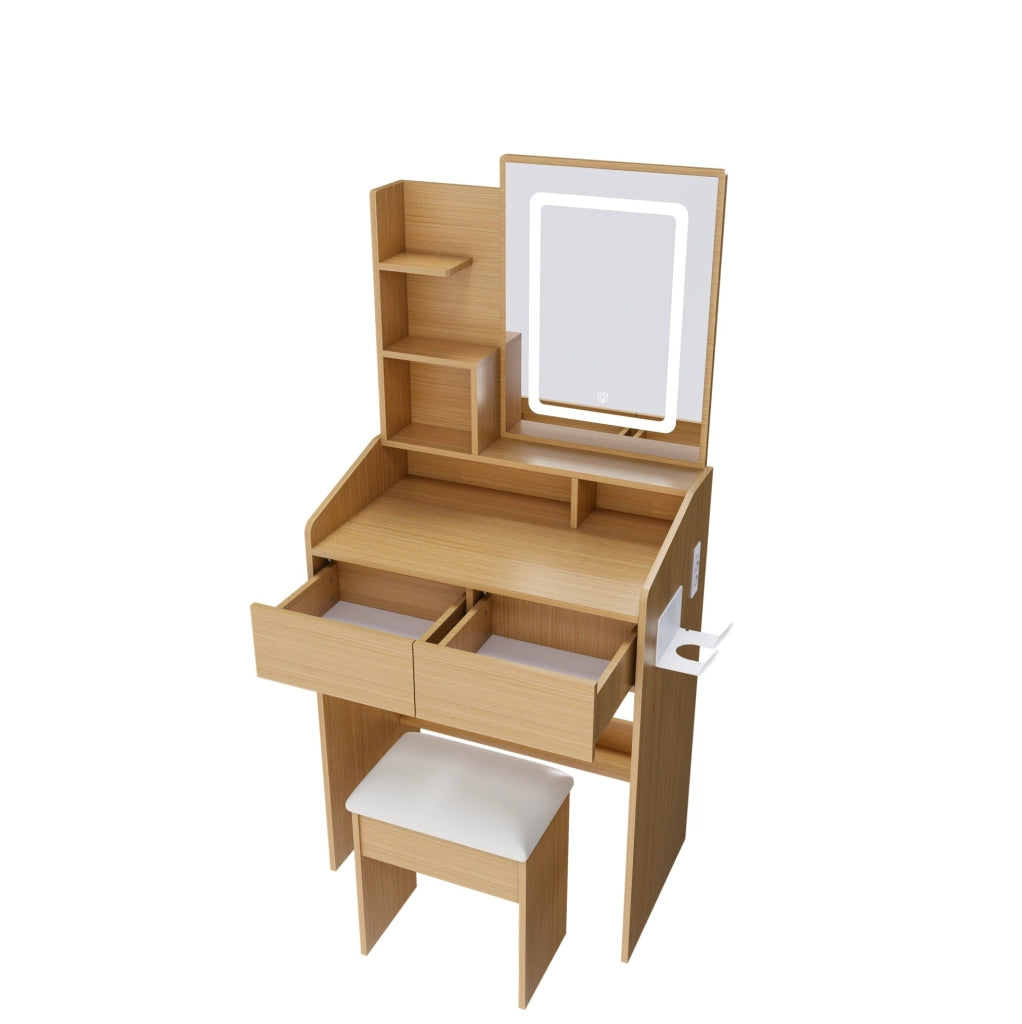 Toeletta con specchio LED regolabile; 2 cassetti; presa integrata e sgabello imbottito; 60x36x130 cm; legno naturale