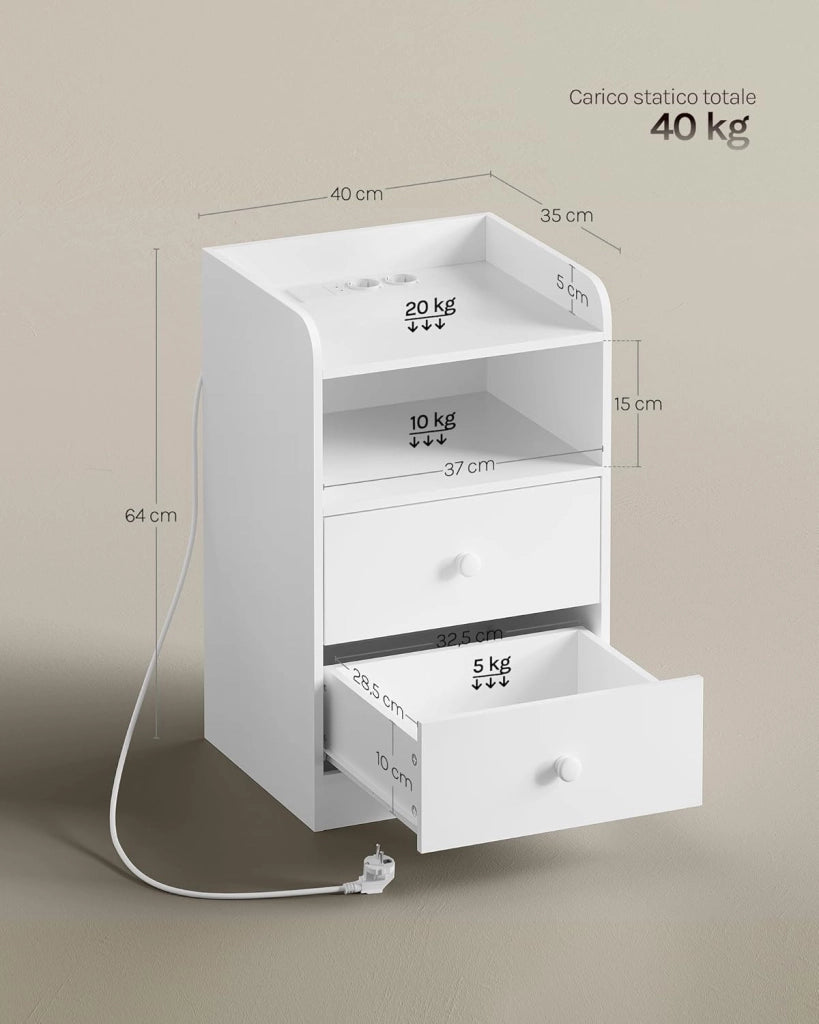Set di 2 Comodino con Stazione di Ricarica, Prese, Porte USB, Tavolino con Luci LED Regolabile, Cassettiera con Cassetti e Scomparto, 40x35x64cm, per Camera da Letto, in Legno, Bianco NTS07ws-2