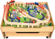 Set Tavolo di Legno con Binari Ferroviari per Bambini, Tavolo Attività e Cassetto con Ruote Bloccabili, con 100 Pezzi Multicolore, Struttura Resistente, Regalo per Bambini +3 anni