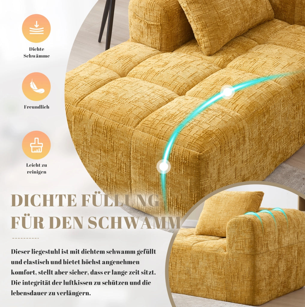 Divano chaise longue giallo in ciniglia con tasche laterali