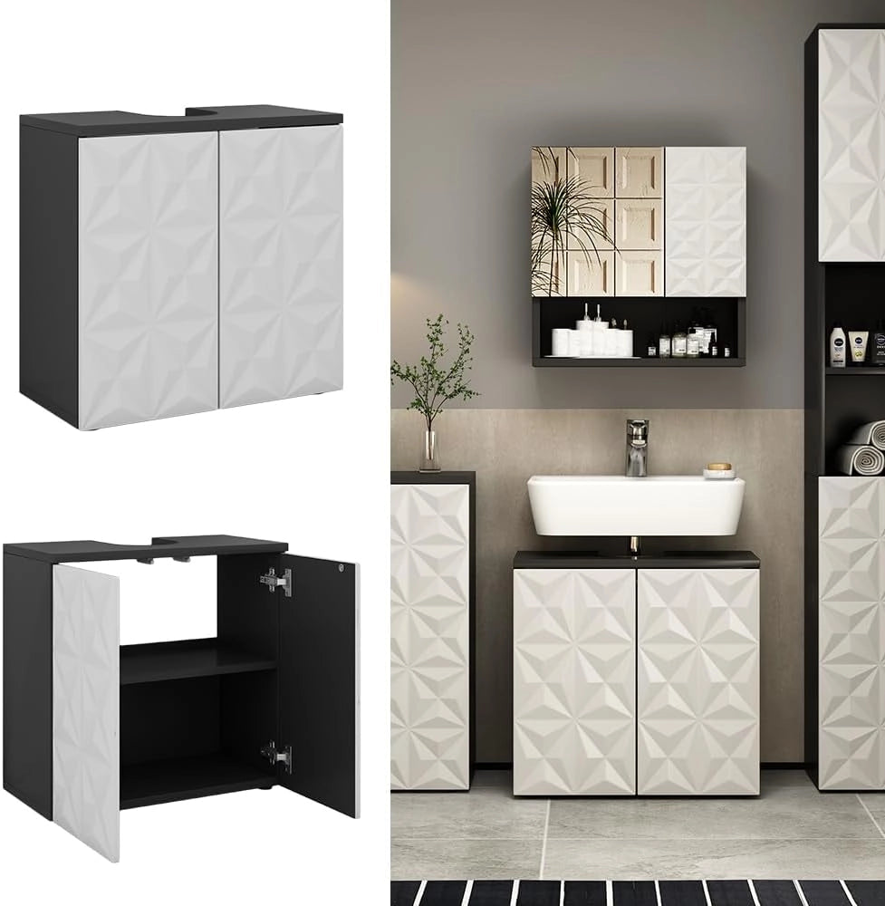Mobile sottolavabo per bagno Edge, Nero, 60 x 57 cm con 2 porte, per la conservazione in bagno con meccanismo push-to-open