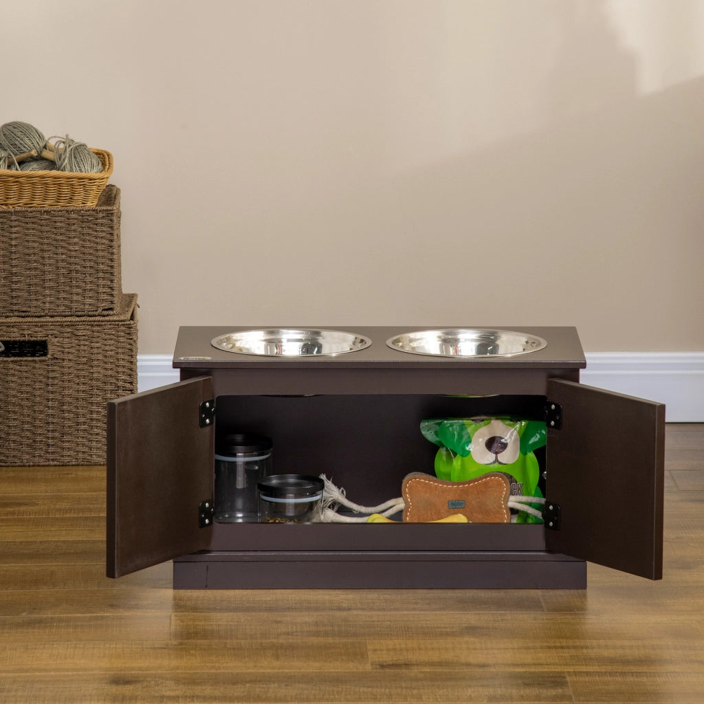 Mangiatoia rialzata per cani con contenitore e 2 ciotole estraibili in MDF color caffè 60 × 30 × 34 cm