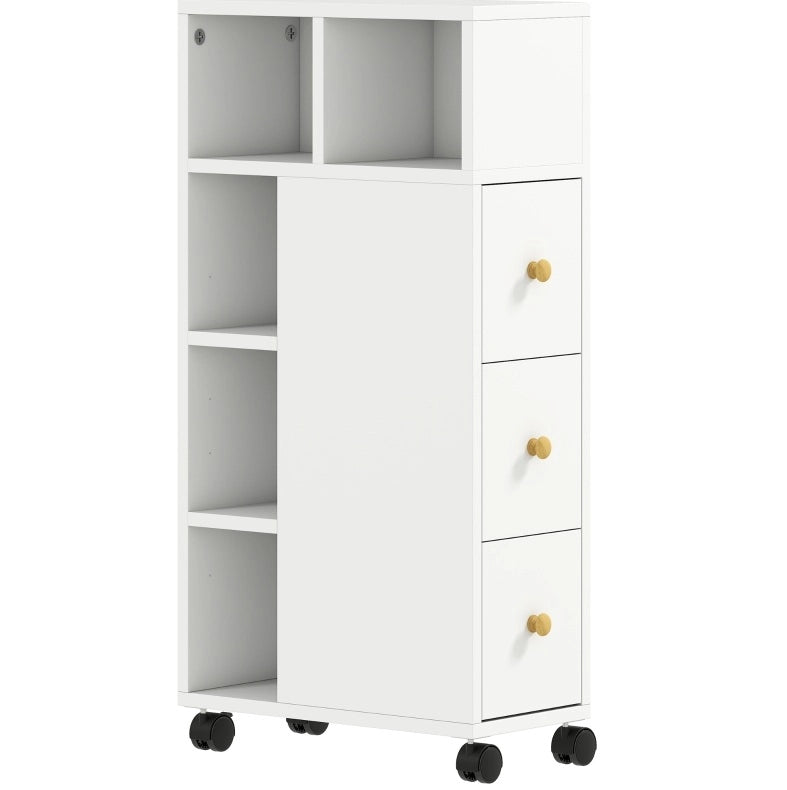 Mobile bagno stretto con ruote, 3 cassetti e 5 vani