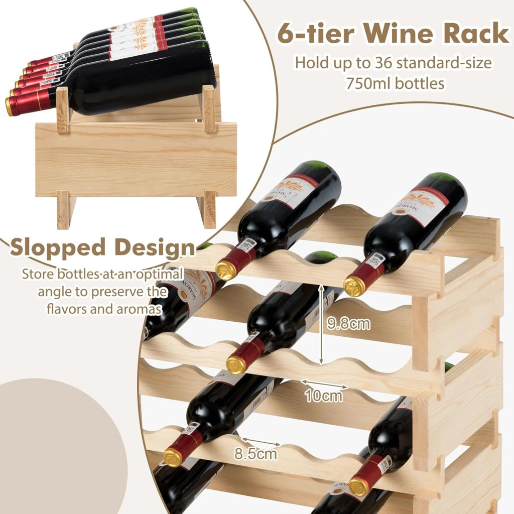 Scaffale Porta Bottiglie di Vino Fino a 36 Bottiglie, Cantinetta in Legno di Pino, 6 Ripiani, 63 x 28 x 85 cm, Naturale (36 Bottiglie)