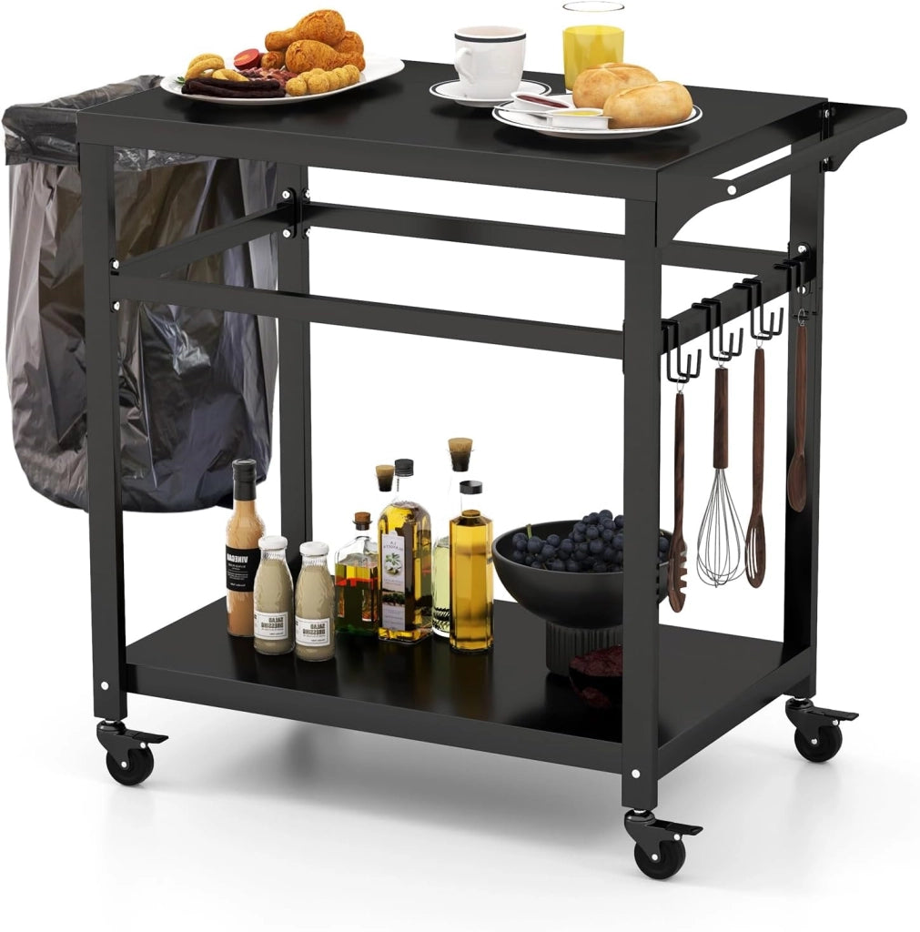 Carrello Barbecue con Ruote in Metallo, Carrello per Grigliare con Tavolo da Lavoro, 2 Ripiani e Ganci, Carrello da Pranzo per BBQ per Esterni, Nero
